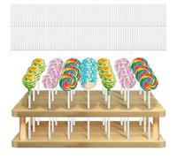 GOEDCH Soporte para Cake Pop: Madera Soporte de Piruletas de 21 Agujeros con 100 Palitos de Papel Blanco, Soporte para Piruletas para Bodas, Fiestas de Cumpleaños, Baby Showers, Aniversarios