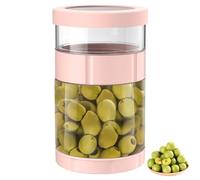 GOEDCH Tarro de cristal con colador: 1500 ml, tarro de pepino rosa para voltear, encurtidos herméticos para encurtidos, aceitunas y jalapeños, separador de jugo a prueba de fugas, reloj de arena y