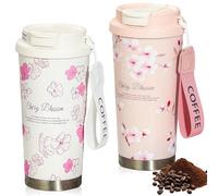 GOEDCH Tazas de café para llevar: 2 tazas térmicas de 500 ml, taza de viaje de acero inoxidable con tapa a prueba de fugas y pajitas, flores de cerezo, flores de melocotón, vasos aislantes para agua