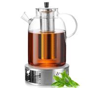 GOEDCH Tetera de vidrio con calentador, 1,8 L, tetera de vidrio con colador, infusor de té con colador y calentador, mantiene el calor durante mucho tiempo, acero inoxidable, para