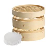 GOEDCH Vaporera de Bambú: 21 CM Cesta de Vapor de Alimentos de Dos Niveles, Cesta Vaporera Asiática con Tapa y 5 Tapetes Antiadherentes, para Arroz, Dim Sum, Verduras, Pescado, Carne y Empanadillas