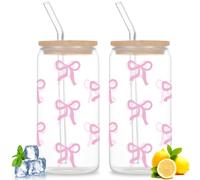 GOEDCH Vasos con Tapa y Pajita: 2 Vasos con Lazo Rosa, Taza de Té de Burbujas Reutilizable para Café Helado, Cócteles, Licor de Frutas, Té Helado, Soda, Ideal para Regalo