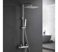 Görbach Columna de Ducha con Grifo, Conjunto Set Ducha Acero Inoxidable con Barra Altura Adjustable, Adaptarse a los orificios existentes, Cabezal Lluvia 35x25 cm y Mezclador Termostático Cromo