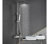 Görbach Columna de Ducha con Grifo, Conjunto Set Ducha Acero Inoxidable con Barra Altura Adjustable, Adaptarse a los orificios existentes, Cabezal Lluvia 30x30 cm y Mezclador Termostático Cromo