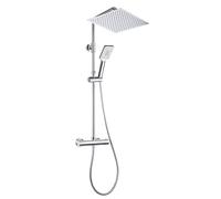 Görbach Columna de Ducha con Grifo, Conjunto Set Ducha Acero Inoxidable con Barra Altura Adjustable, Adaptarse a los orificios existentes, Cabezal Lluvia 30x30 cm y Mezclador Termostático Cromo