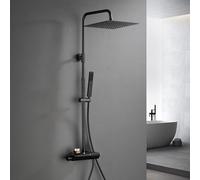 Görbach Columna de ducha con termostático de acero inoxidable 304, Negro columna ducha grifo con cabezal con mezclador, juego de ducha de lluvia con alcachofa (30x30cm cuadrado)