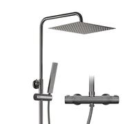Görbach Columna de Ducha con Termostático Grifo Gris Gunmetal cepillado Conjunto Ducha con Barra de ducha de Altura Adjustable Juego de ducha con Alcachofa y Cabezal Ducha Rociador 25 x 25 cm