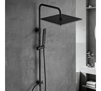 Görbach Columna de ducha de acero inoxidable sin Grifo, Set ducha de lluvia con barra de ducha ajustable en altura 74 - 114 cm, cabezal de ducha XXL 30x30 cm Negro