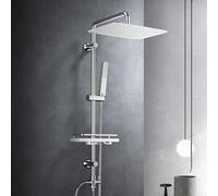 Görbach Columna de Ducha sin Grifo, Conjunto Set Ducha Acero Inoxidable con Barra Altura Adjustable, Adaptarse a los orificios existentes, Cabezal Lluvia 35x25 cm y Estante Ducha Cromo