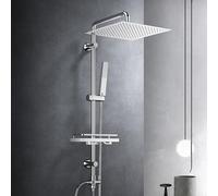 Görbach Columna de Ducha sin Grifo, Conjunto Set Ducha Acero Inoxidable con Barra Altura Adjustable, Adaptarse a los orificios existentes, Cabezal Lluvia 30x30 cm y Estante Ducha Cromo