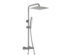 Görbach Columna de Ducha Termostático Gris Gunmetal cepillado con Grifo, juego completo de ducha de lluvia con barra de ducha de acero inoxidable, XXL Cabezal Ducha Rociador 30 x 30 cm