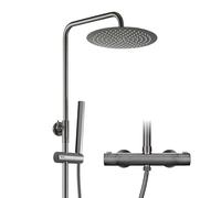 Görbach Columna de ducha termostático con grifo, juego completo, ducha de lluvia con barra de ducha de acero inoxidable, alcachofa redonda D25 cm Gris Gunmetal cepillado