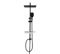 Görbach Columna de Ducha Negra sin Grifo Sistema Ducha Hidromasaje Conjunto Ducha Altura Adjustable, Juego ducha Baño con Estana Negro mate, Cuadrado (2525MB+bandeja)