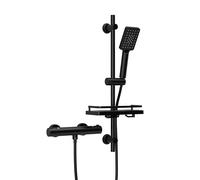 Görbach Columna Ducha Termostática, Grifo Mezclador con juego de barras de ducha de acero inoxidable, Alcachofa, barra ducha 70 cm con Estante, negro