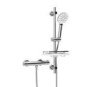 Görbach Columna Ducha Termostático con Barra de Ducha, Estante, Grifo Mezclador + Acero inoxidable Barra Ducha 70 cm con Ducha de Mano Cromado
