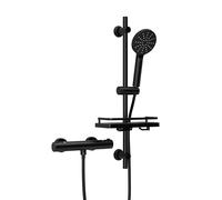 Görbach Columna Ducha Termostático con Barra de Ducha, Estante, Grifo Mezclador + Acero inoxidable Barra Ducha 70 cm con Ducha de Mano DSD12 negro mate