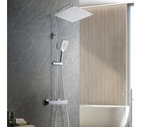 Görbach Columna Ducha termostático con grifo mezclador, barra de ducha de acero inoxidable, alcachofa de ducha de efecto lluvia, XXL 30 x 30 cm, cromo