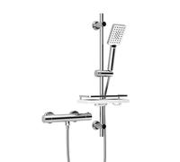 Görbach Columna Ducha Termostático con Juego de Barra de Ducha de Acero inoxidable 70 cm, Estante de Ducha, Grifo Mezclador + Ducha de Mano Cromado