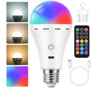 Görvitor Bombilla LED recargable E27 RGB con mando a distancia, táctil, regulable, bombilla recargable con 12 colores, 2 modos, 2600 mAh, bombilla con gancho y temporizador para exteriores, camping