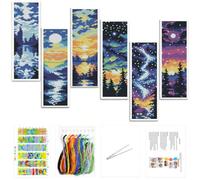 Gofission 6 kits de marcapáginas de punto de cruz para adultos principiantes, pequeños kits de marca de libros de bordado con sello de 11 quilates preimpresos, patrón de paisaje nocturno estrellado