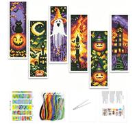 Gofission 6 kits de marcapáginas de punto de cruz para adultos principiantes, pequeños kits de marca de libros de bordado con sello de 11 quilates, preimpresos, Halloween, fantasma, calabaza, con