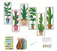 Gofission 6 kits de marcapáginas de punto de cruz para adultos principiantes, pequeños kits de marca de libros de bordado estampado de 11 quilates preimpresos, patrón de plantas suculentas en maceta