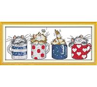 Gofission Kit de punto de cruz preimpreso, diseño de gatos que se esconden en las tazas, juego de bordado estampado de 14 unidades, tela de 11.4 x 5.1 pulgadas, con accesorios, costura, decoración de