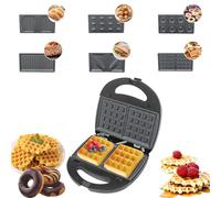 Gofrera 6 en 1 con placas intercambiables, sandwichera de 750 W + máquina de donas, doble cara hornear a temperatura constante, 6 moldes para gofres/tortitas, compacta, color negro