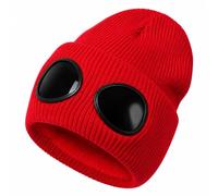 Goggle Knitted Beanie, Beanie With Goggles, Novelty Winter Hat (Red)