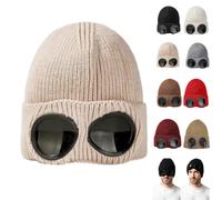 Goggle Knitted Beanie Hat,Windproof Warm Winter Skull Cap，Beige