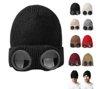 Goggle Knitted Beanie Hat,Windproof Warm Winter Skull Cap，Black
