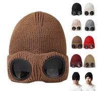 Goggle Knitted Beanie Hat,Windproof Warm Winter Skull Cap，Brown