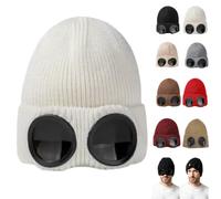 Goggle Knitted Beanie Hat,Windproof Warm Winter Skull Cap，Milky White