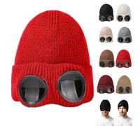 Goggle Knitted Beanie Hat,Windproof Warm Winter Skull Cap，Red