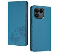 GOGME Funda para Fairphone 6, Carcasa de Cuero Premium con Mariposa en Relieve, Tarjetero, Soporte, Funda Antigolpes, Carcasa Monedero Flip - Azul Claro