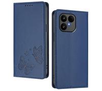 GOGME Funda para Fairphone 6, Carcasa de Cuero Premium con Mariposa en Relieve, Tarjetero, Soporte, Funda Antigolpes, Carcasa Monedero Flip - Azul Oscuro