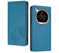 GOGME Funda para Nubia ZTE Focus 2 Ultra, Carcasa de Cuero Premium con Mariposa en Relieve, Tarjetero, Soporte, Funda Antigolpes, Carcasa Monedero Flip - Azul Claro