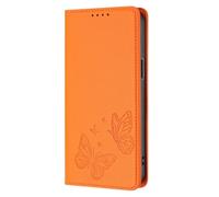GOGME Funda para OPPO Reno 12F 5G / OPPO Reno 12FS 5G, Carcasa de Cuero Premium con Mariposa en Relieve, Tarjetero, Soporte, Funda Antigolpes, Carcasa Monedero Flip - Naranja