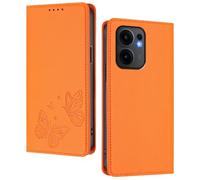 GOGME Funda para OPPO Reno 13F /Reno 13FS, Carcasa de Cuero Premium con Mariposa en Relieve, Tarjetero, Soporte, Funda Antigolpes, Carcasa Monedero Flip - Naranja