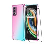 GOGME Funda para realme GT Master Edition + 2 Cristal Templado, Carcasa TPU Cristal Ultra Slim Flexible Suave Silicona Bumper, Reforzar Esquinas Case Cover (Rosa/Verde)