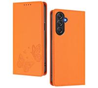 GOGME Funda para Samsung Galaxy M55 5G, Carcasa de Cuero Premium con Mariposa en Relieve, Tarjetero, Soporte, Funda Antigolpes, Carcasa Monedero Flip - Naranja