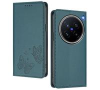GOGME Funda para Vivo X200 Pro, Carcasa de Cuero Premium con Mariposa en Relieve, Tarjetero, Soporte, Funda Antigolpes, Carcasa Monedero Flip - Verde Oscuro