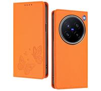 GOGME Funda para Vivo X200 Pro, Carcasa de Cuero Premium con Mariposa en Relieve, Tarjetero, Soporte, Funda Antigolpes, Carcasa Monedero Flip - Naranja