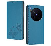 GOGME Funda para Vivo X300 Pro, Carcasa de Cuero Premium con Mariposa en Relieve, Tarjetero, Soporte, Funda Antigolpes, Carcasa Monedero Flip - Azul Claro