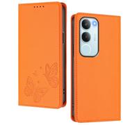 GOGME Funda para Vivo Y19s, Carcasa de Cuero Premium con Mariposa en Relieve, Tarjetero, Soporte, Funda Antigolpes, Carcasa Monedero Flip - Naranja