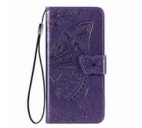 GOGME Funda para Xiaomi 14T Pro 5G Carcasa, Estuche de Cuero PU/TPU con Mariposa en Relieve 3D, Hoesje con Ranuras para Tarjetas e Soporte Plegable.Morado Oscuro