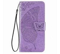 GOGME Funda para Xiaomi 14T Pro 5G Carcasa, Estuche de Cuero PU/TPU con Mariposa en Relieve 3D, Hoesje con Ranuras para Tarjetas e Soporte Plegable.Morado Claro