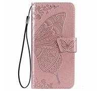 GOGME Funda para Xiaomi Redmi Note 14 Pro+ Plus 5G Carcasa, Estuche de Cuero PU/TPU con Mariposa en Relieve 3D, Case con Ranuras para Tarjetas e Soporte Plegable.Oro Rosa