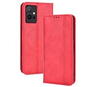 GOGME Leather Folio Funda para Vivo Y55 5G, PU + TPU Flip Carcasa de Cuero Libro Protector con Magnético y Ranuras para Tarjetas y Plegable de Soporte, Rojo