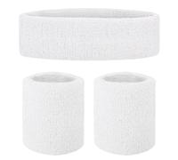 GOGO Deportes Diadema Muñequera Set y Cinta Pelo Deporte Atlético Ejercicio 1 Cinta y 2 Muñequeras Banda Blanco para el Sudor